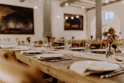 Covered table set for a dinner catering